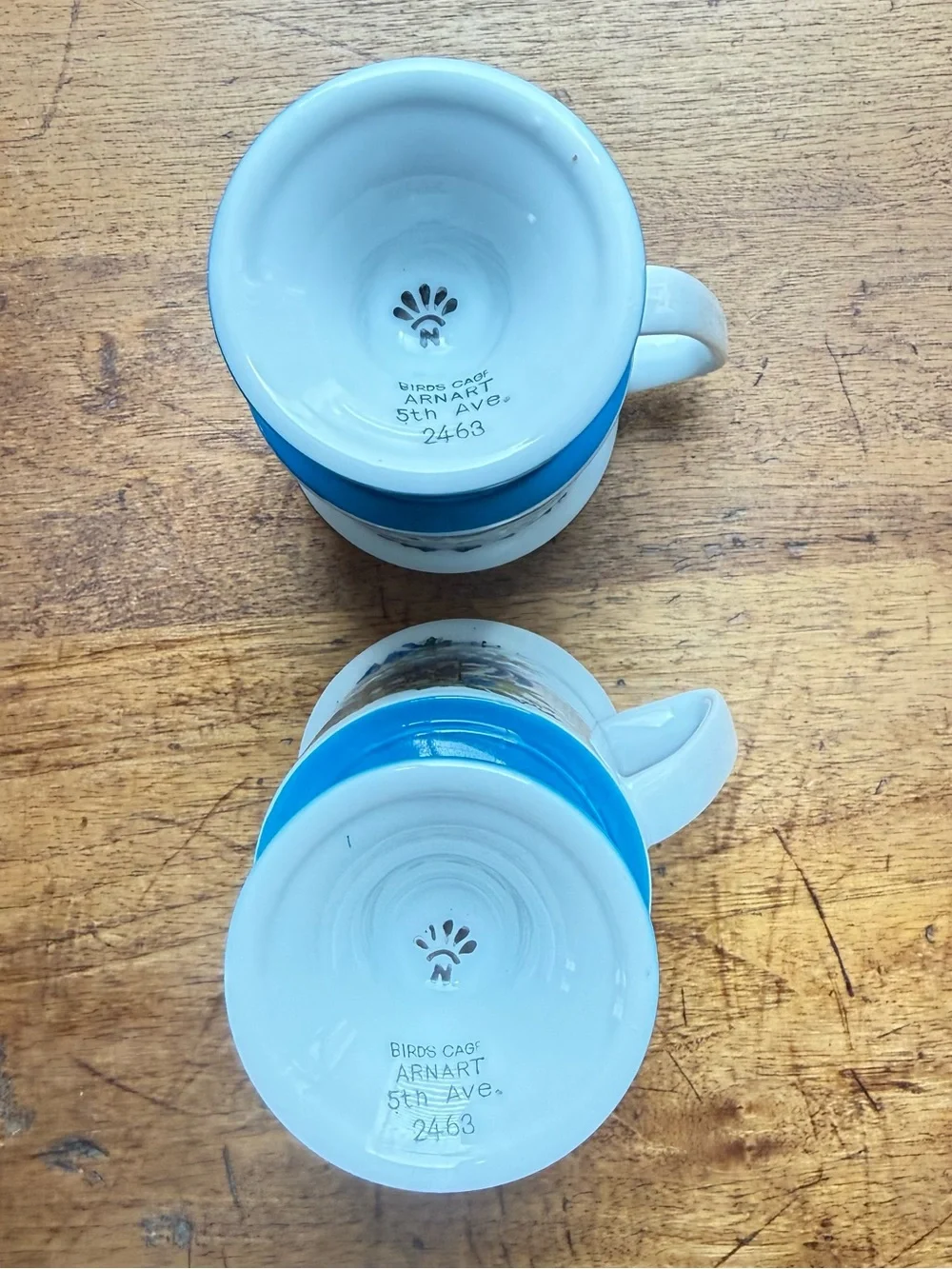 Vintage Arnart 5th Ave Birds Cage Pedestal Mugs Set of 2 Footed Blue Mid Century